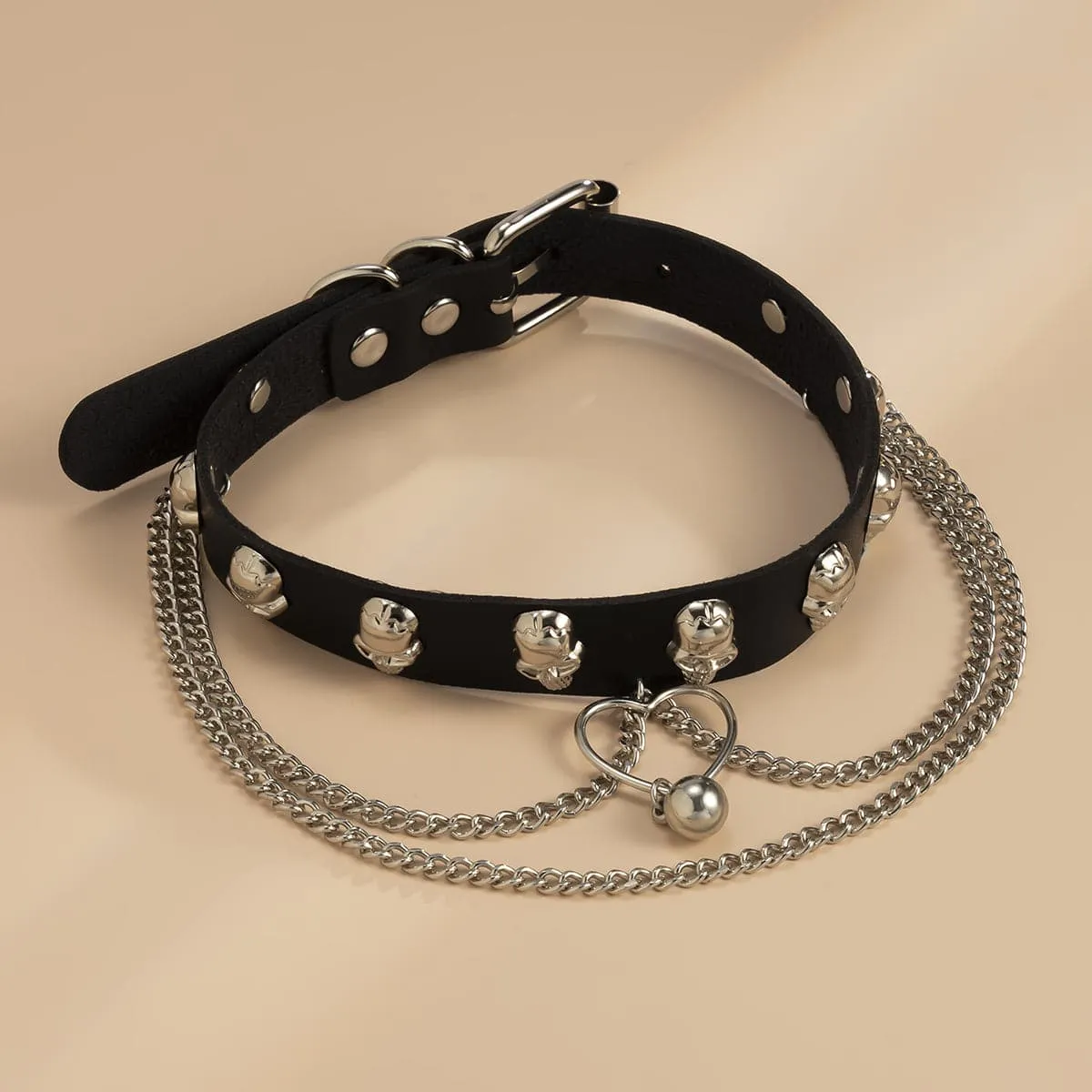 Black Leather & Silver-Plated Skull Station Heart Chain Choker
