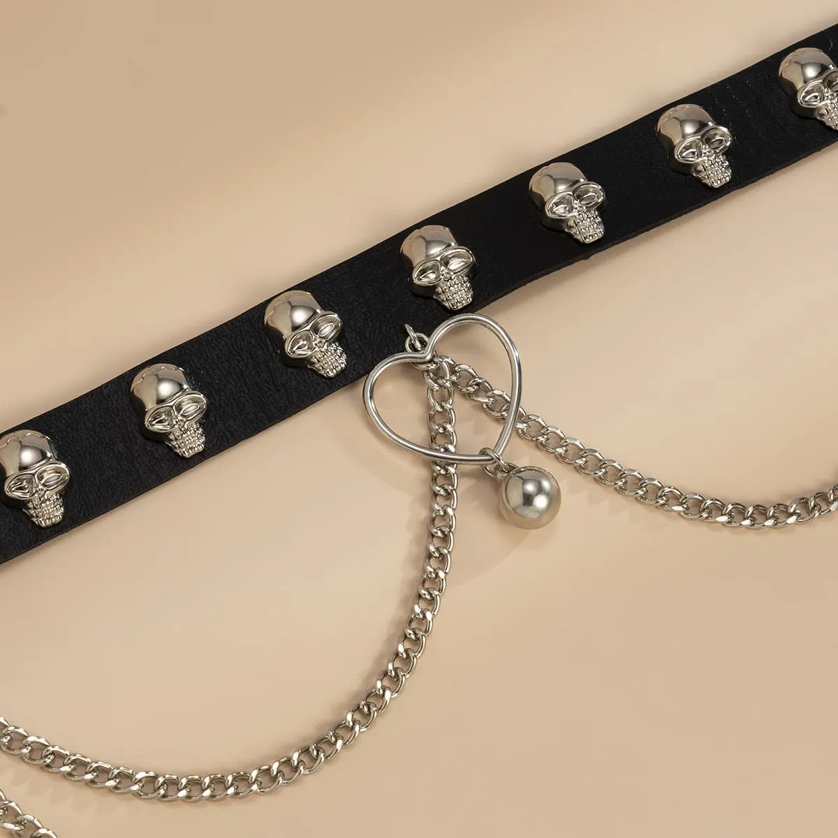 Black Leather & Silver-Plated Skull Station Heart Chain Choker