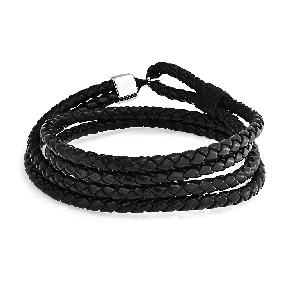 Black Leather Stackable Cuff Bracelet Stainless Hook Clasp Double Wrap Design