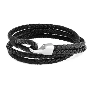 Black Leather Stackable Cuff Bracelet Stainless Hook Clasp Double Wrap Design