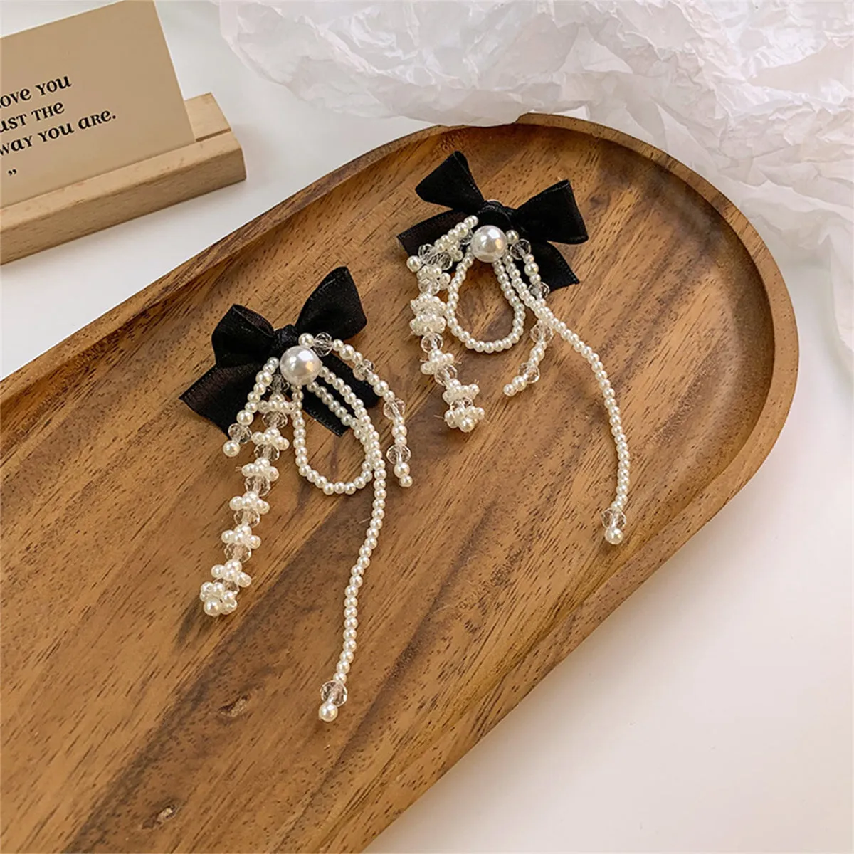 Black Mesh & Pearl Butterfly Tassel Drop Earrings