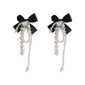 Black Mesh & Pearl Butterfly Tassel Drop Earrings