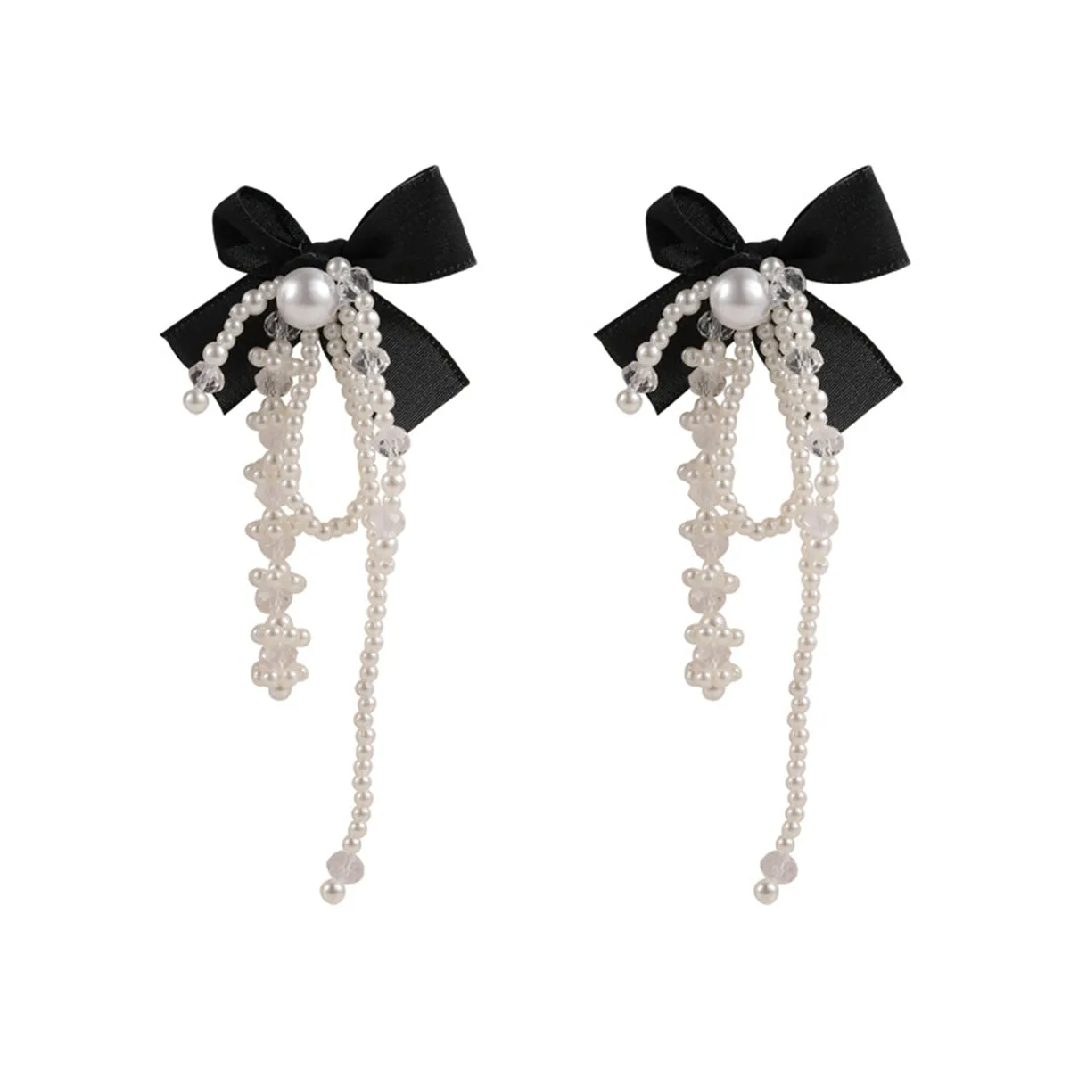 Black Mesh & Pearl Butterfly Tassel Drop Earrings