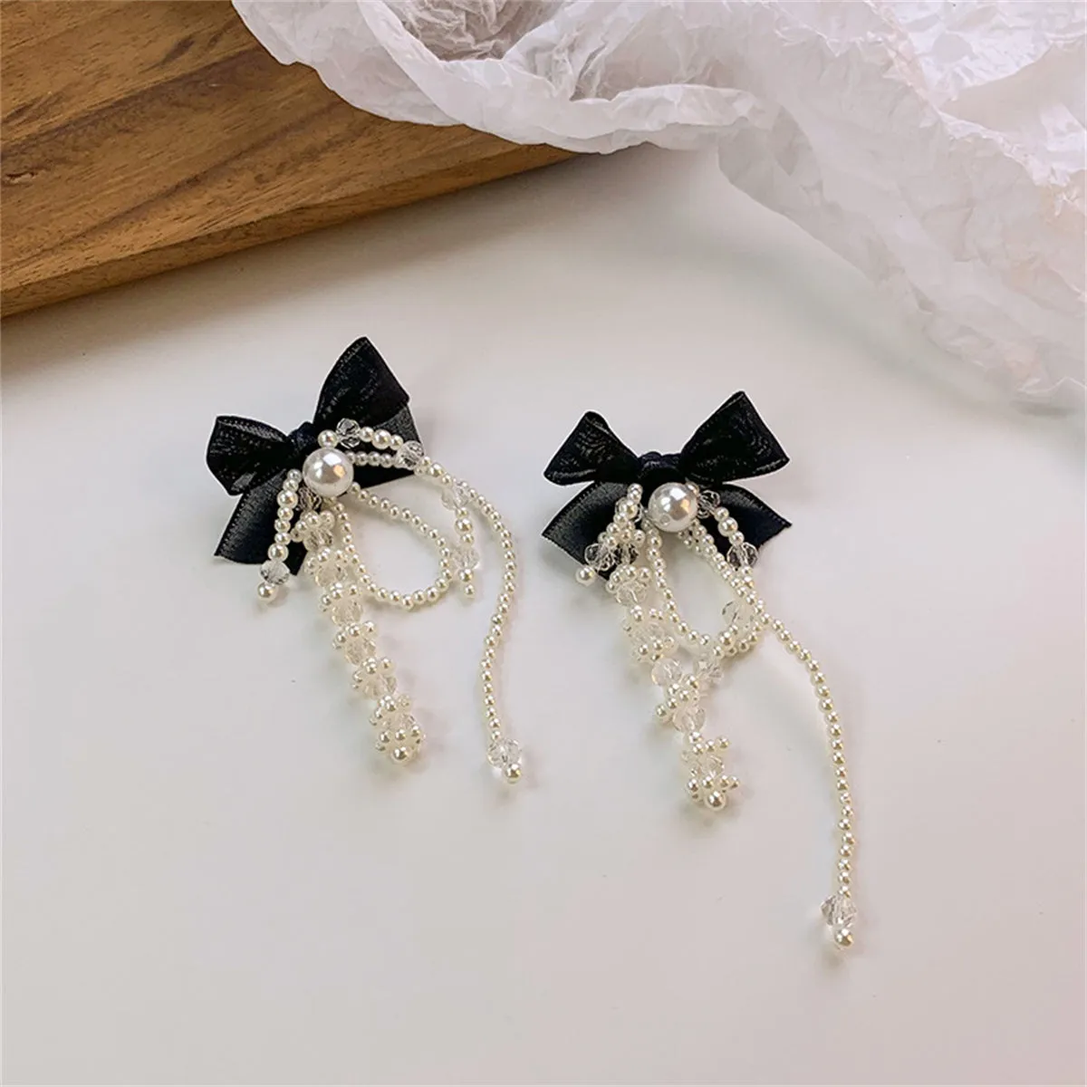 Black Mesh & Pearl Butterfly Tassel Drop Earrings