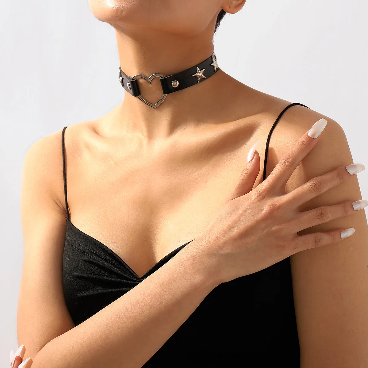 Black Polystyrene & Silver-Plated Star Heart Choker Necklace