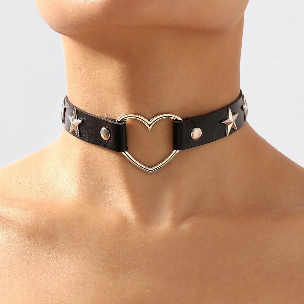 Black Polystyrene & Silver-Plated Star Heart Choker Necklace