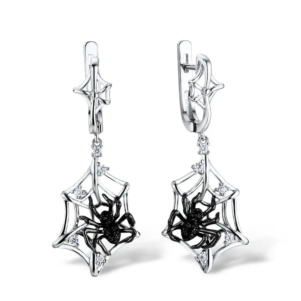 Black Spider in Cob Web Dangle Earrings