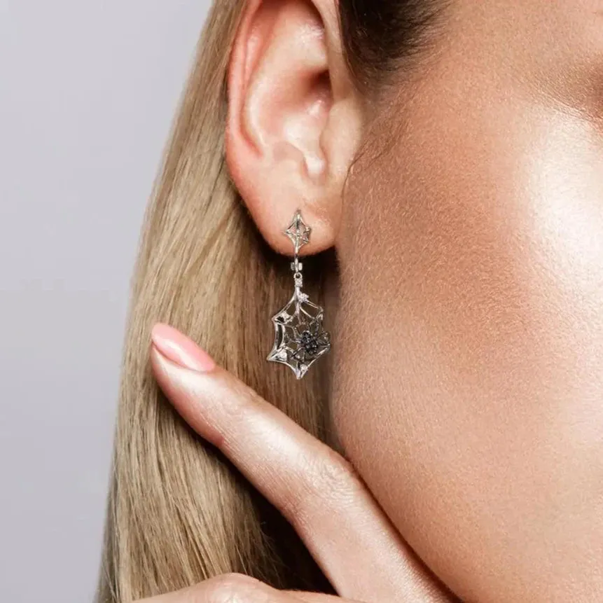 Black Spider in Cob Web Dangle Earrings