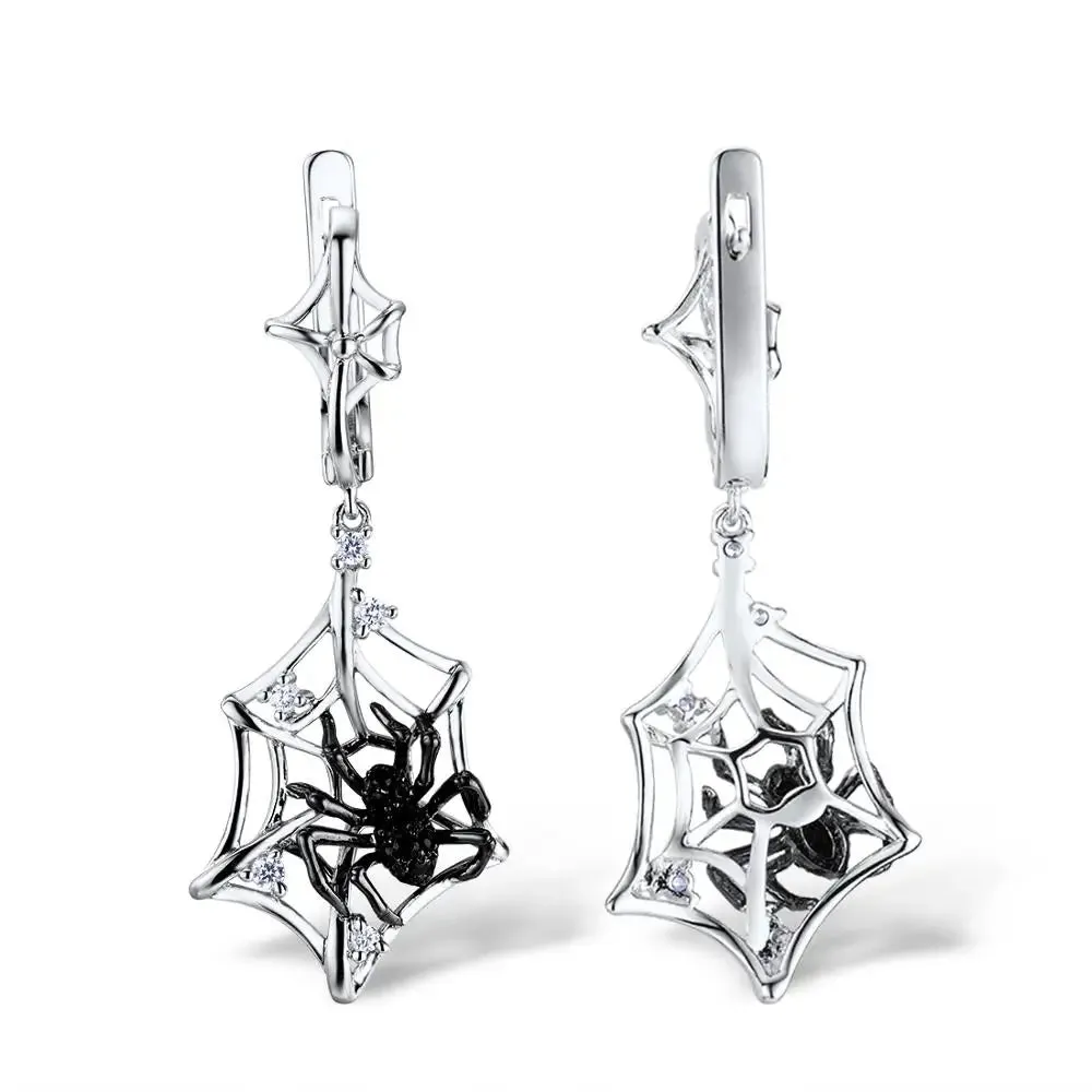 Black Spider in Cob Web Dangle Earrings