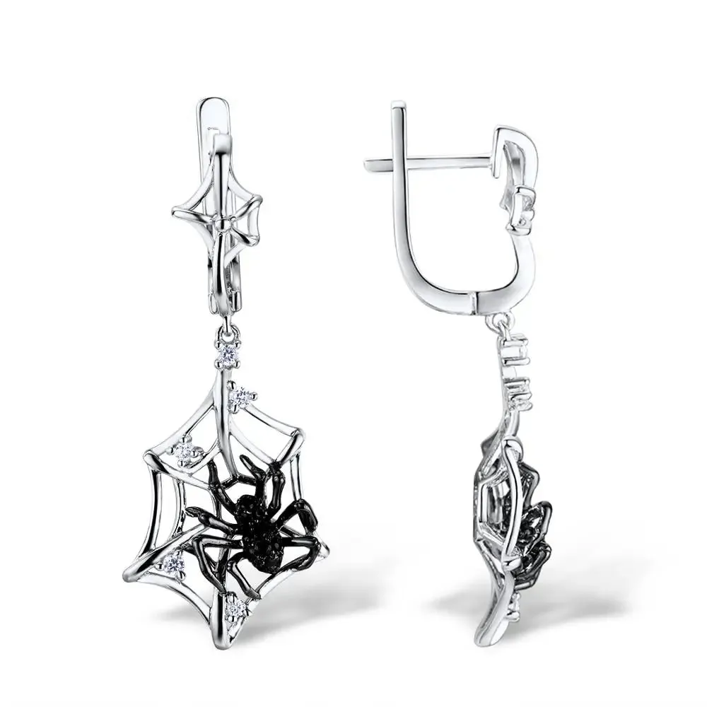 Black Spider in Cob Web Dangle Earrings