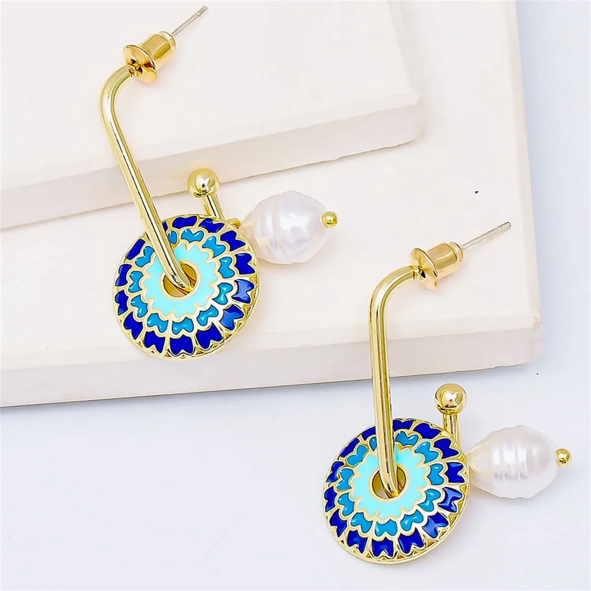 Blue Enamel & Pearl 18K Gold-Plated Flower Drop Earrings