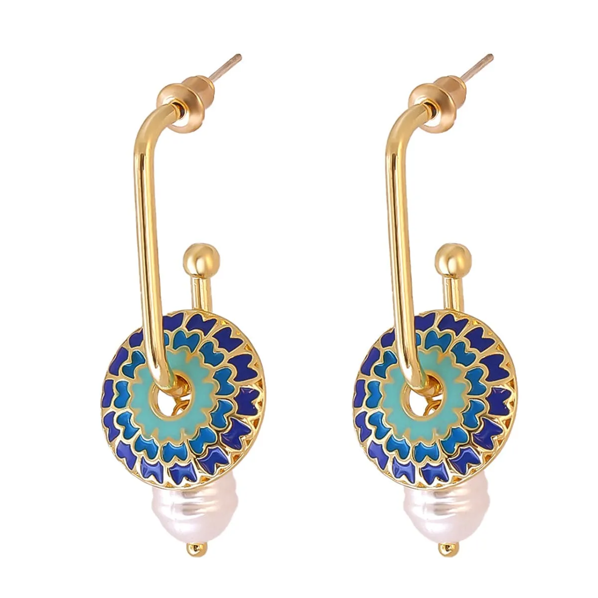 Blue Enamel & Pearl 18K Gold-Plated Flower Drop Earrings