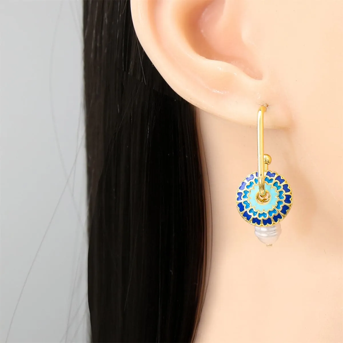 Blue Enamel & Pearl 18K Gold-Plated Flower Drop Earrings