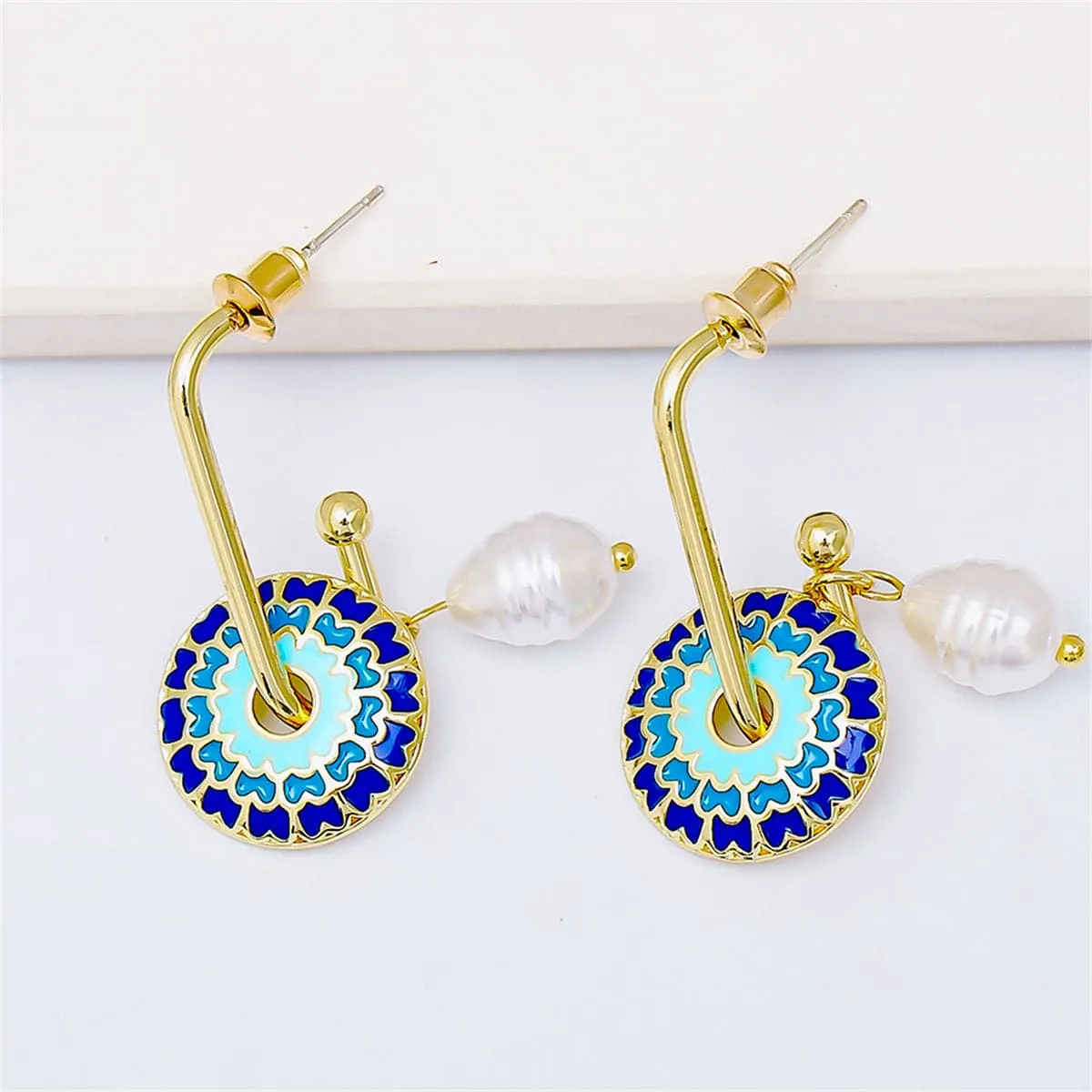 Blue Enamel & Pearl 18K Gold-Plated Flower Drop Earrings
