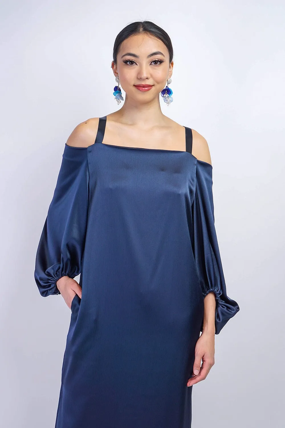 Blue Fabric Diamond Pearl Crystal Petal Drop Earrings