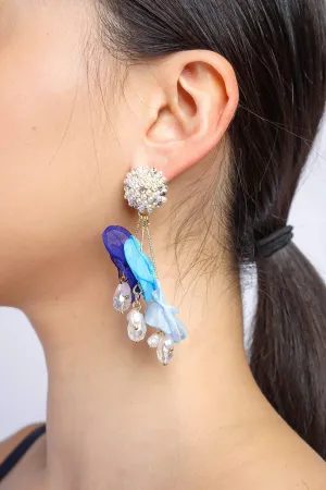 Blue Fabric Diamond Pearl Crystal Petal Drop Earrings