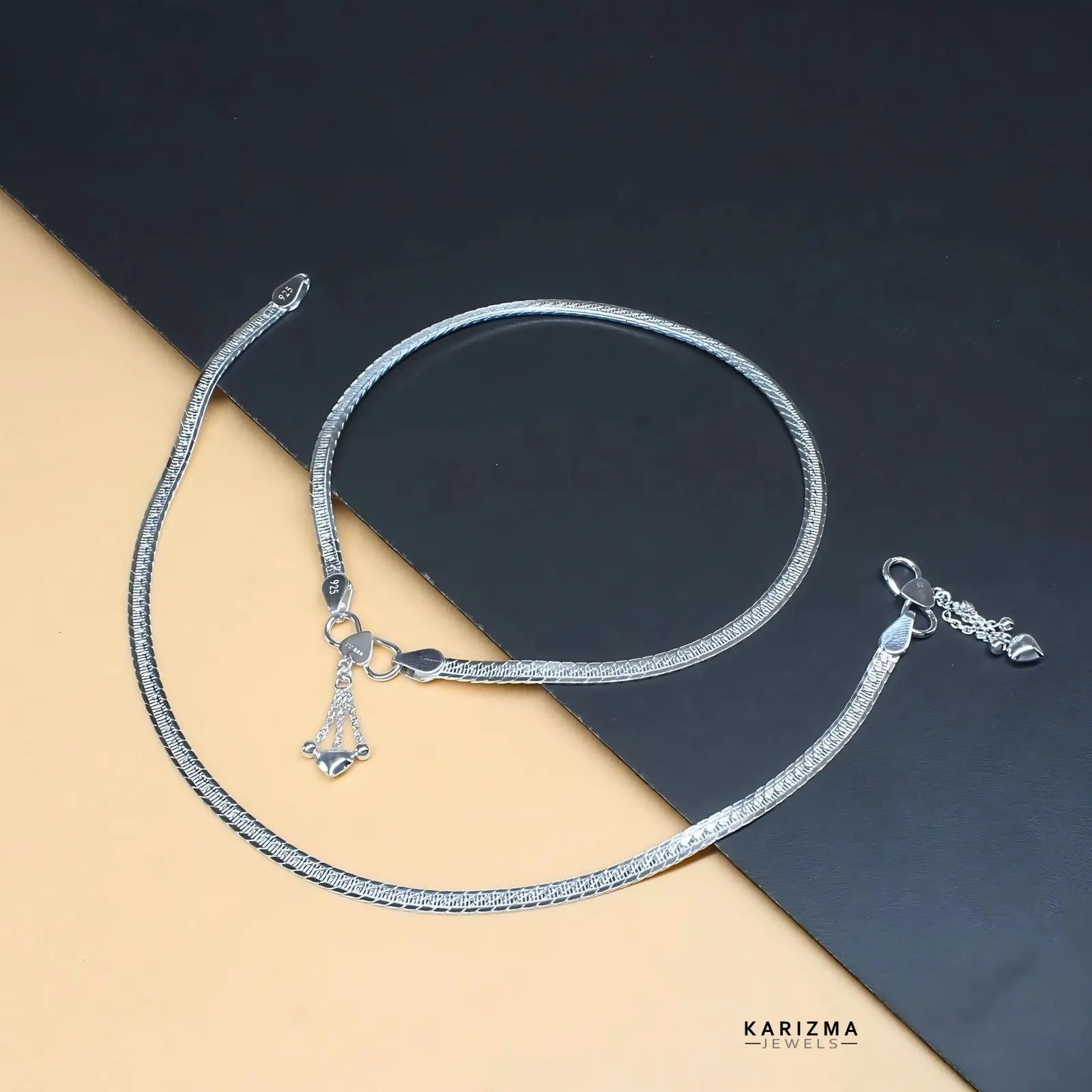 Boho style 925 Sterling Silver Indian women Anklets Pair 10.3"