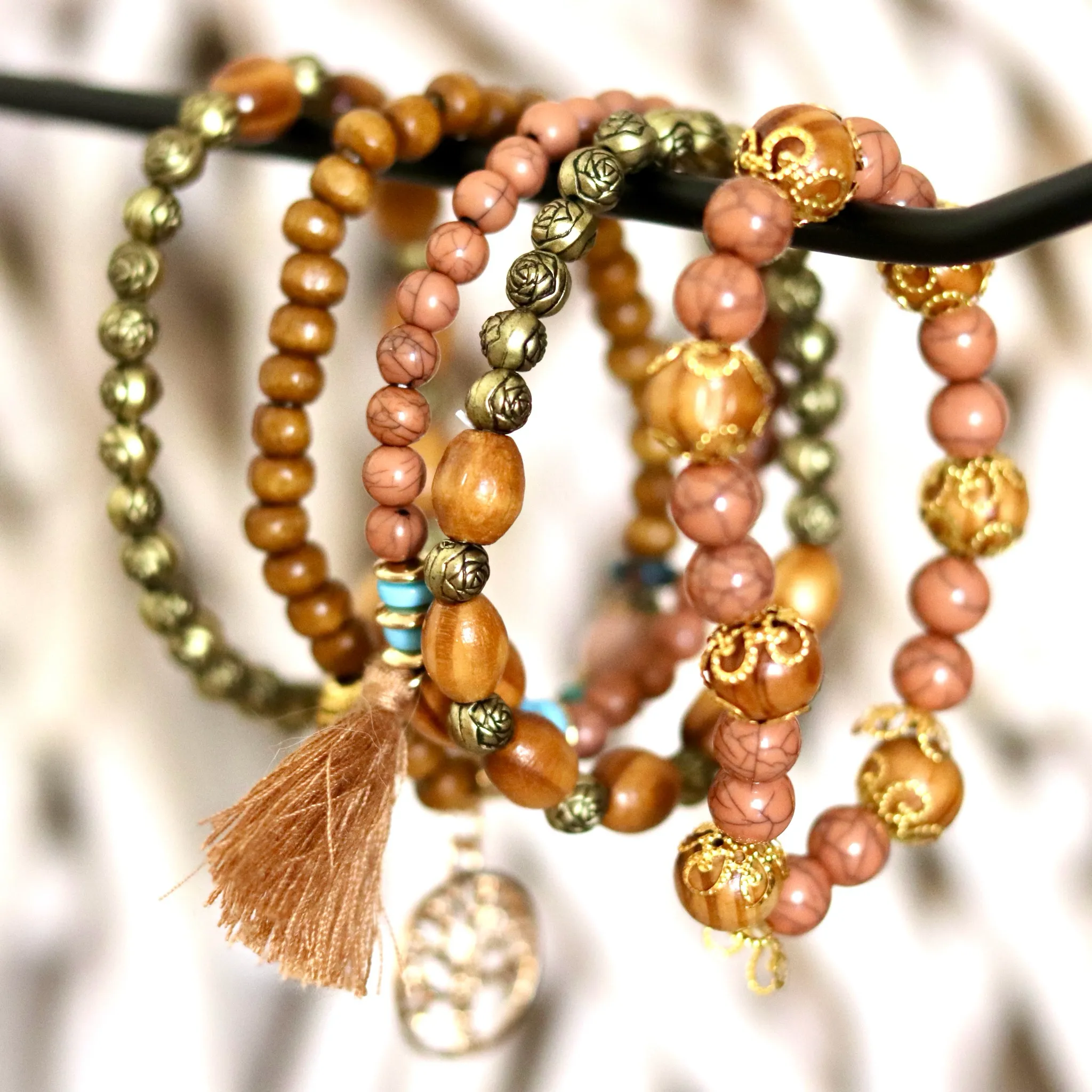 Boho Wooden & Gold Beaded Bracelet Set – Tree of Life Charm