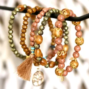 Boho Wooden & Gold Beaded Bracelet Set – Tree of Life Charm