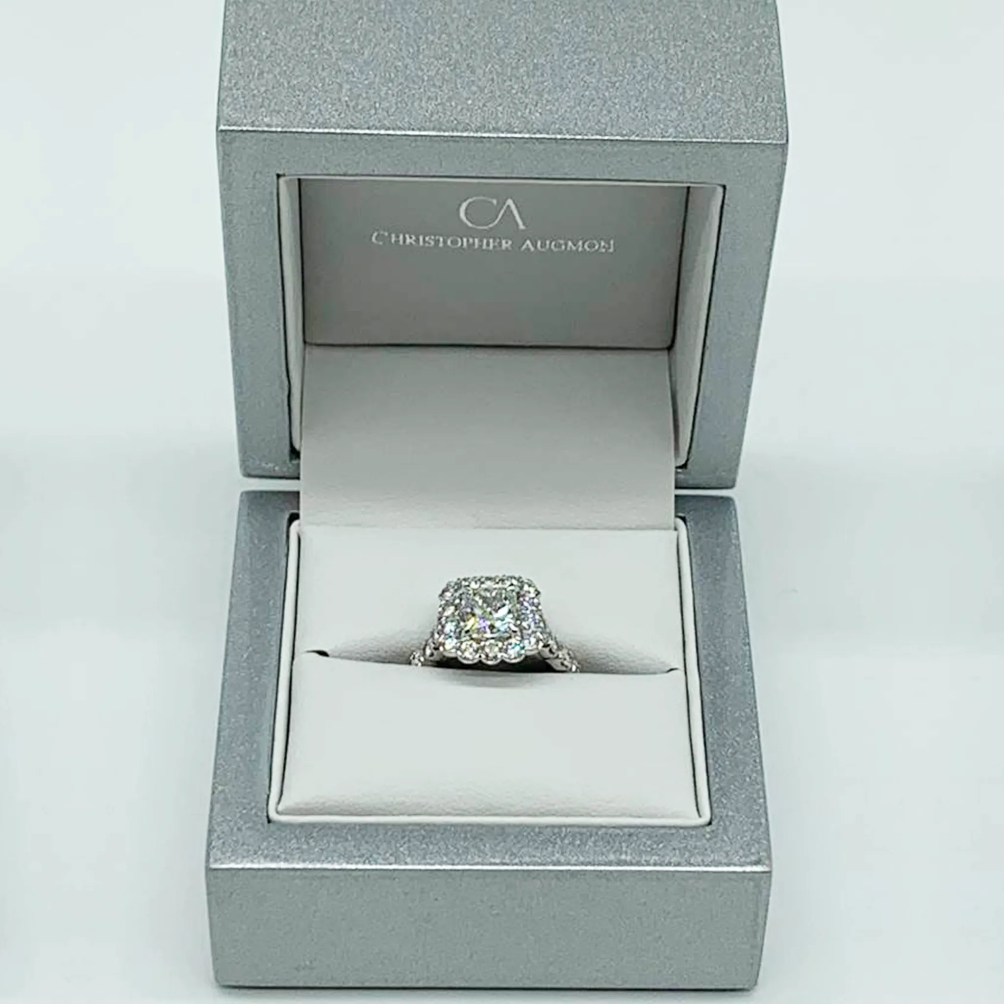 CA 18 Karat White Gold Brilliant Radiant Cut and Diamond Halo Engagement Ring