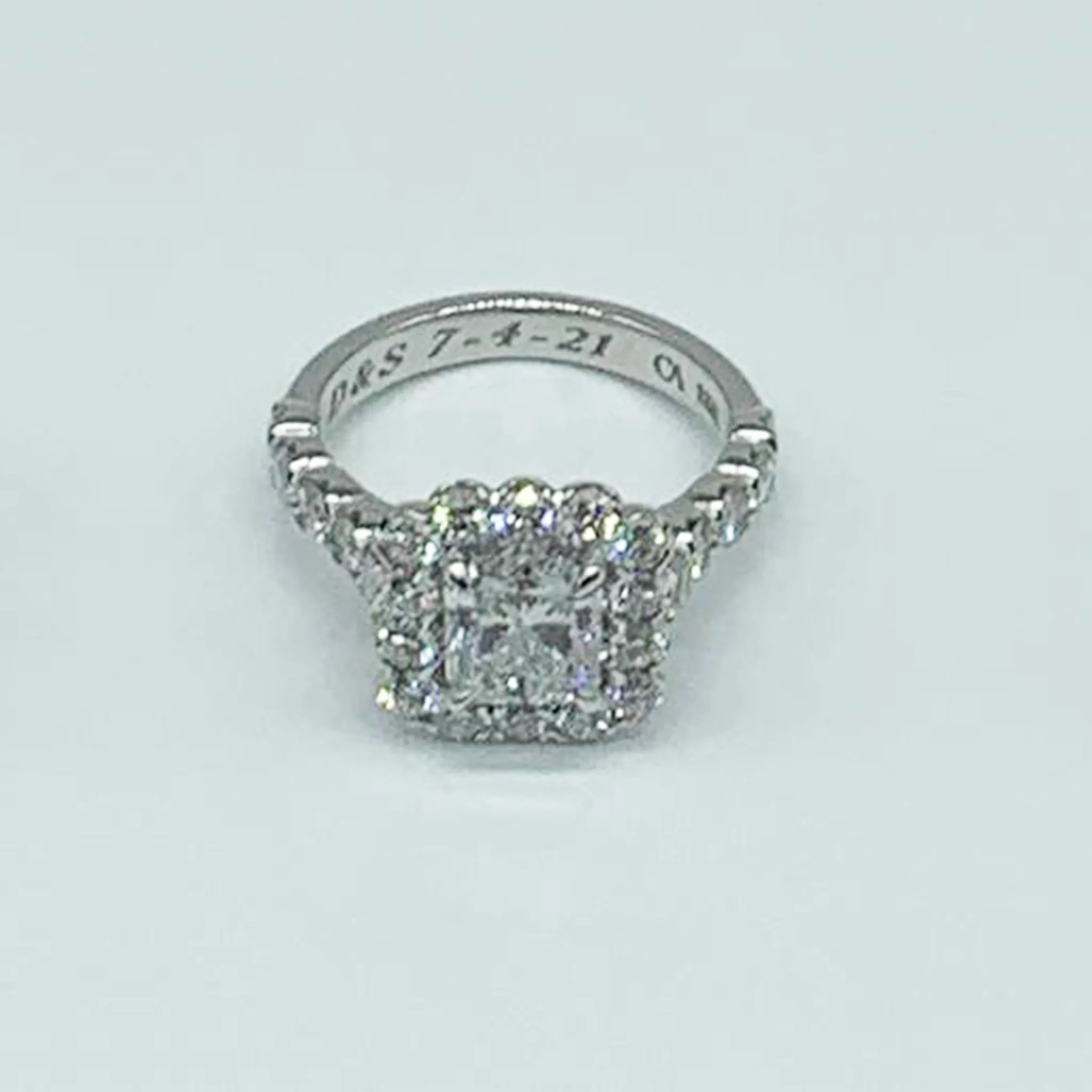 CA 18 Karat White Gold Brilliant Radiant Cut and Diamond Halo Engagement Ring