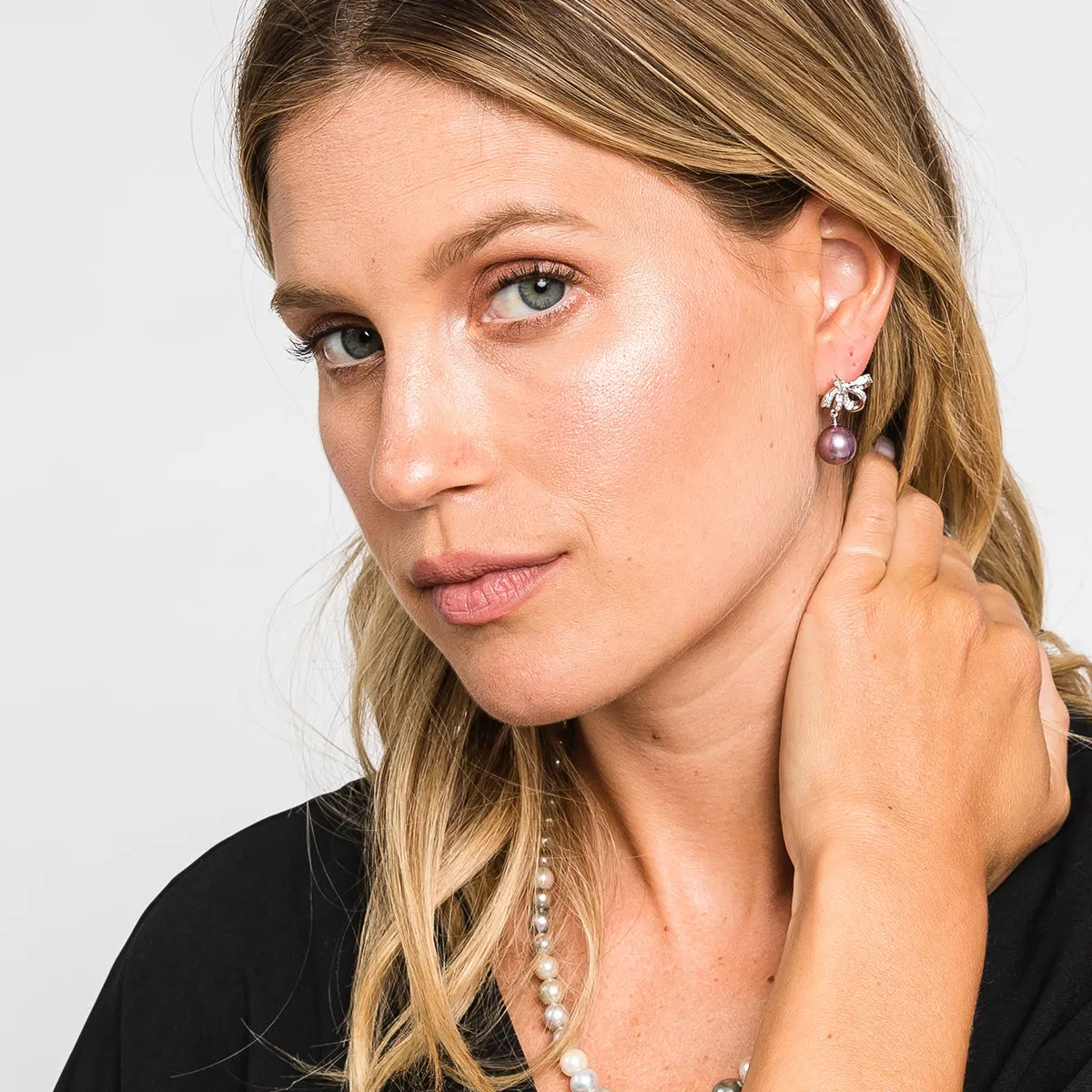 Caroline Half Bow Purple Pearl Earrings