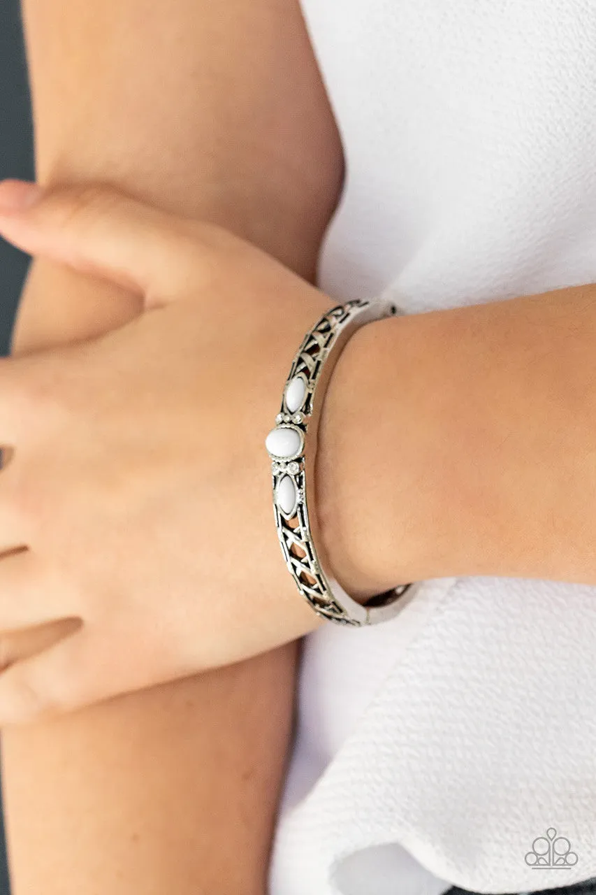 Caught in the Cross HEIRS - White - Bead and Rhinestone Paparazzi Hinge Bracelet