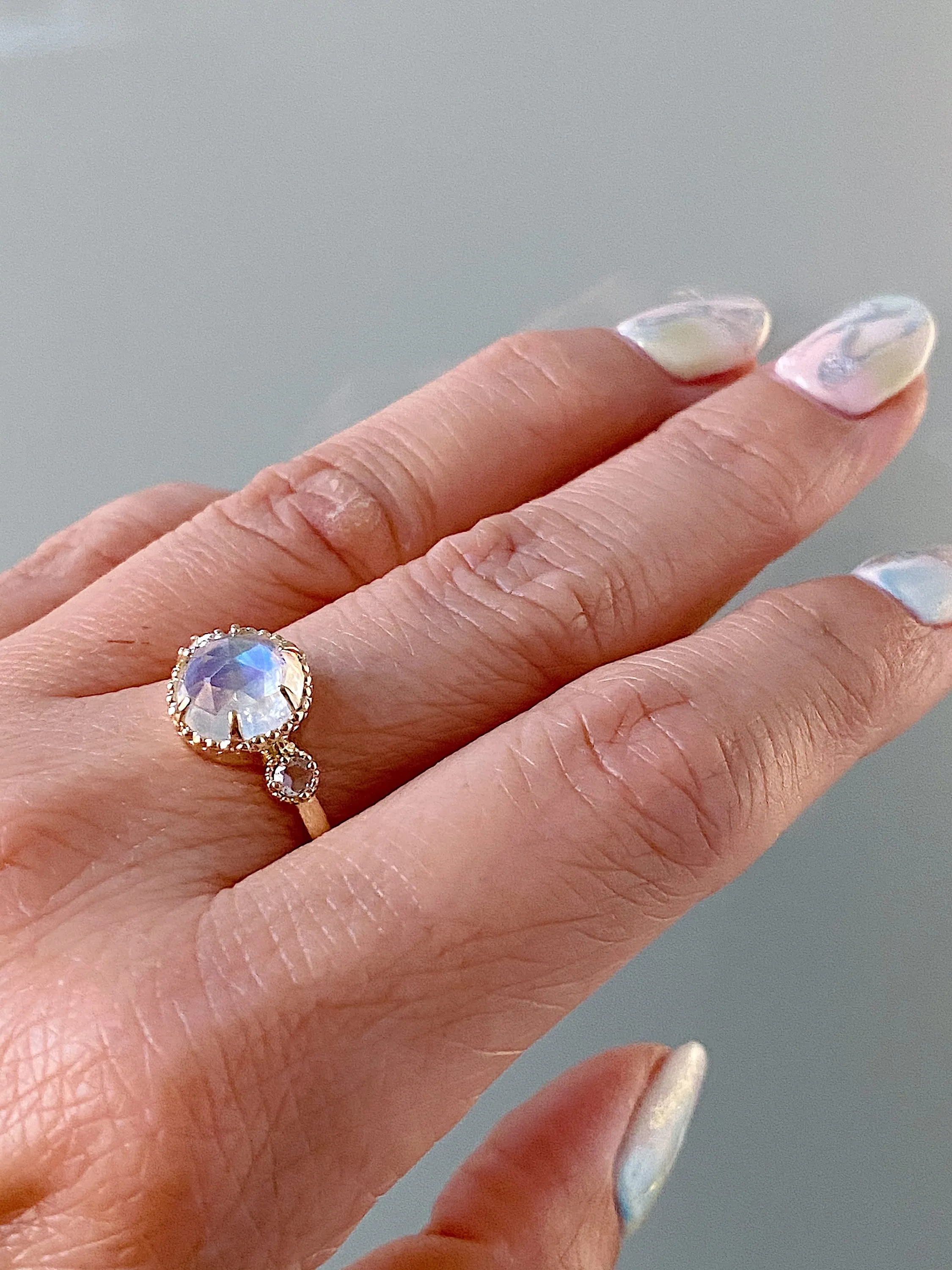 Celeste rosecut moonstone and Rosecut Diamond ring