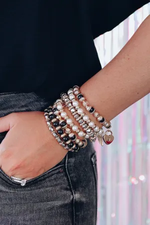 Charming Crystal And Pearl Bracelet Set - Black
