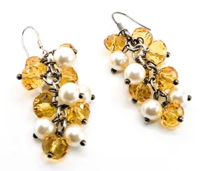 Citrine glass and faux white pearl beaded drop sterling silver earrings