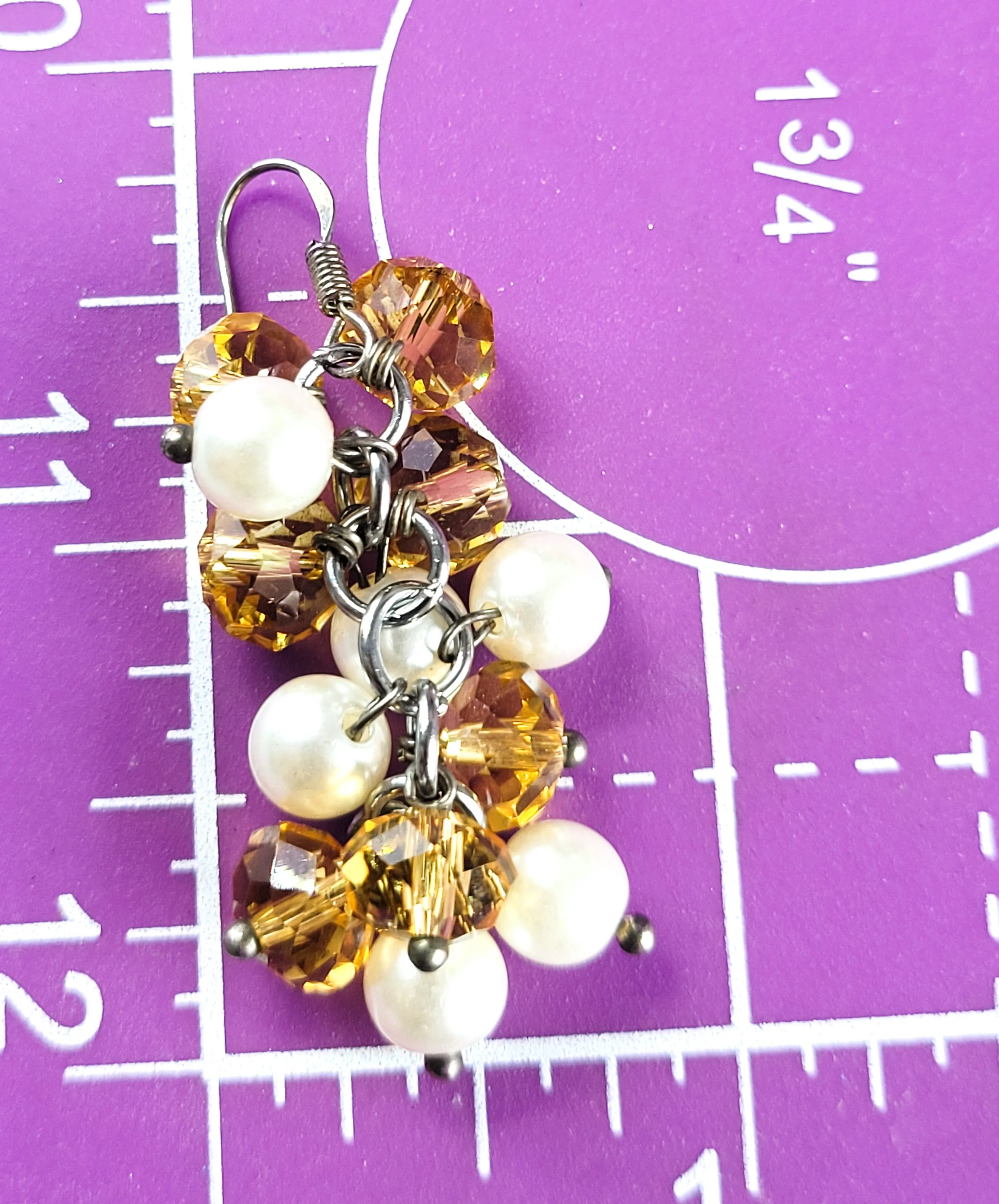 Citrine glass and faux white pearl beaded drop sterling silver earrings