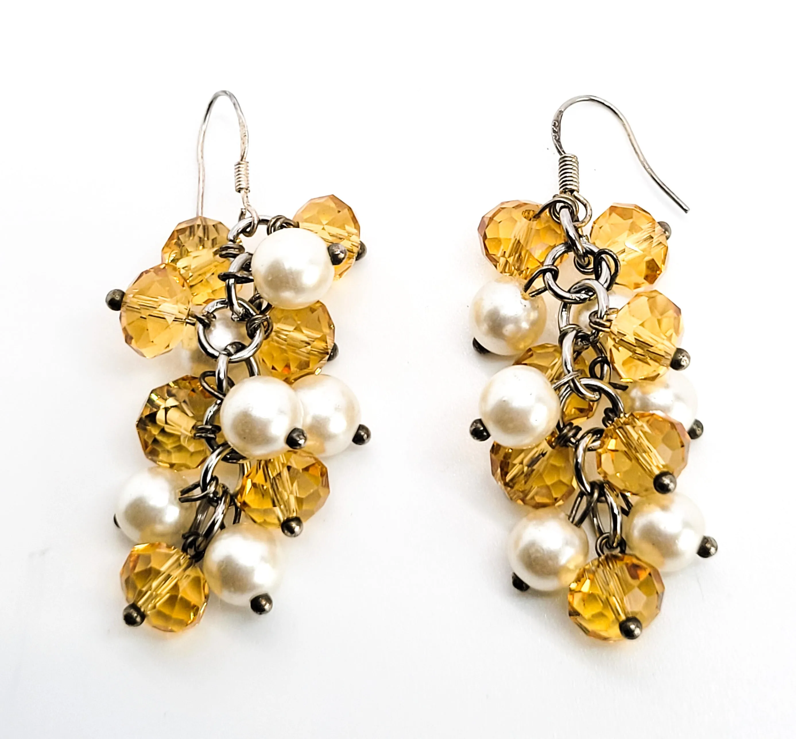 Citrine glass and faux white pearl beaded drop sterling silver earrings