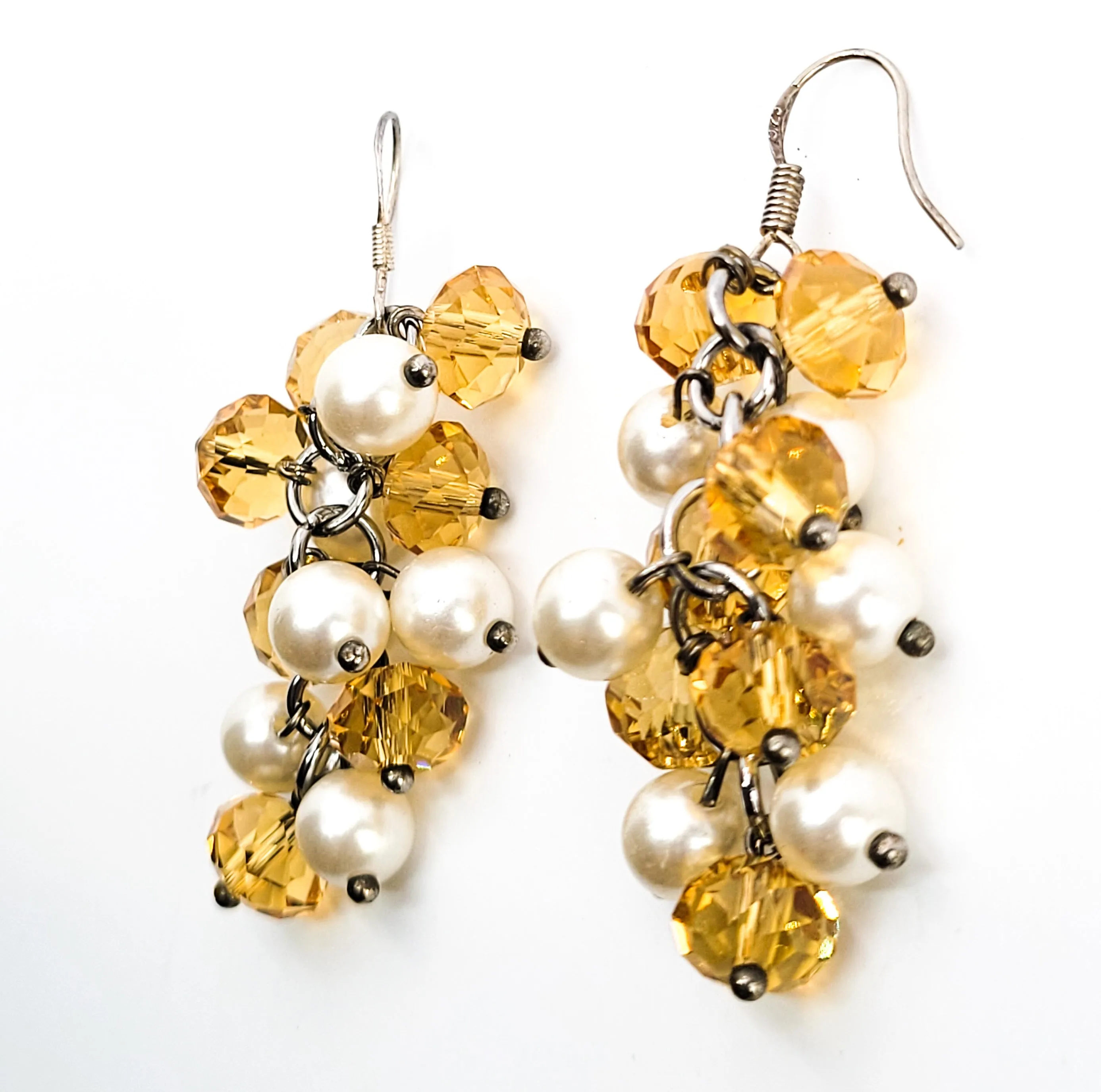 Citrine glass and faux white pearl beaded drop sterling silver earrings