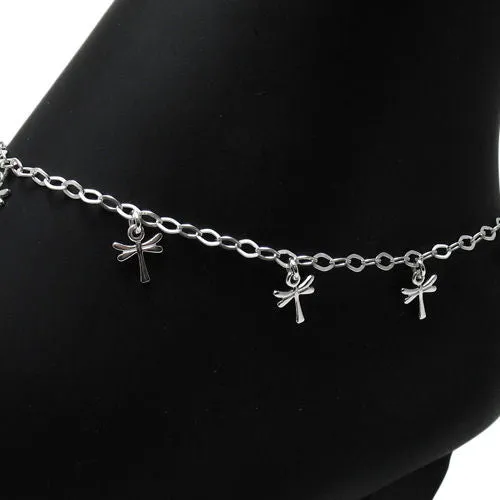 Classy Sterling Silver Adjustable Dragonfly Anklet