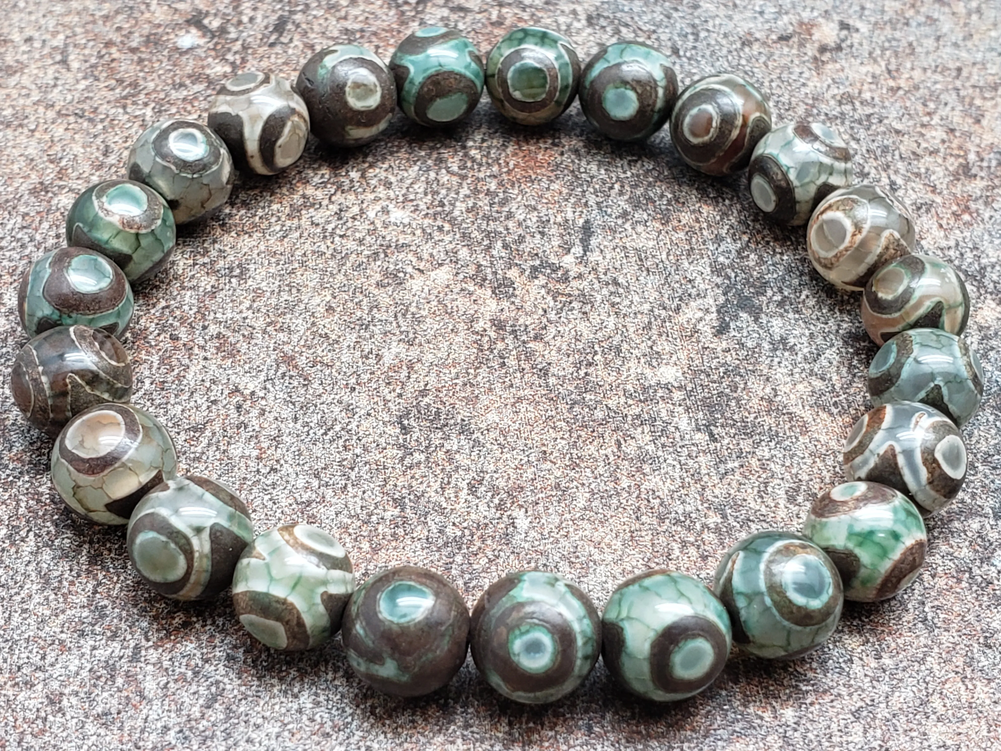 Count of 5 8mm Tibetan Dzi 3 Eye Agate Bracelets, 7 inch