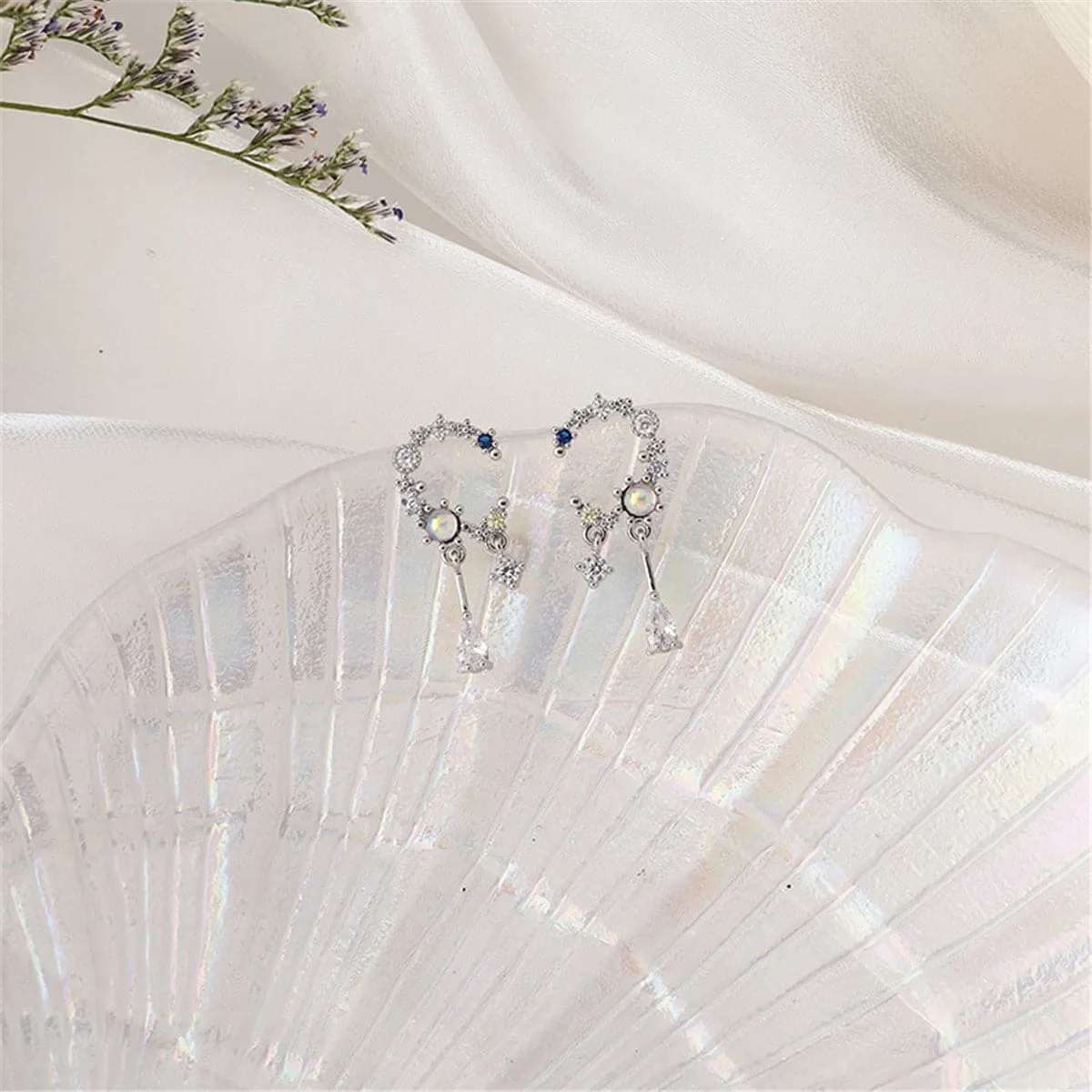 Crystal & Cubic Zirconia Silver-Plated Half Moon Charm Drop Earrings