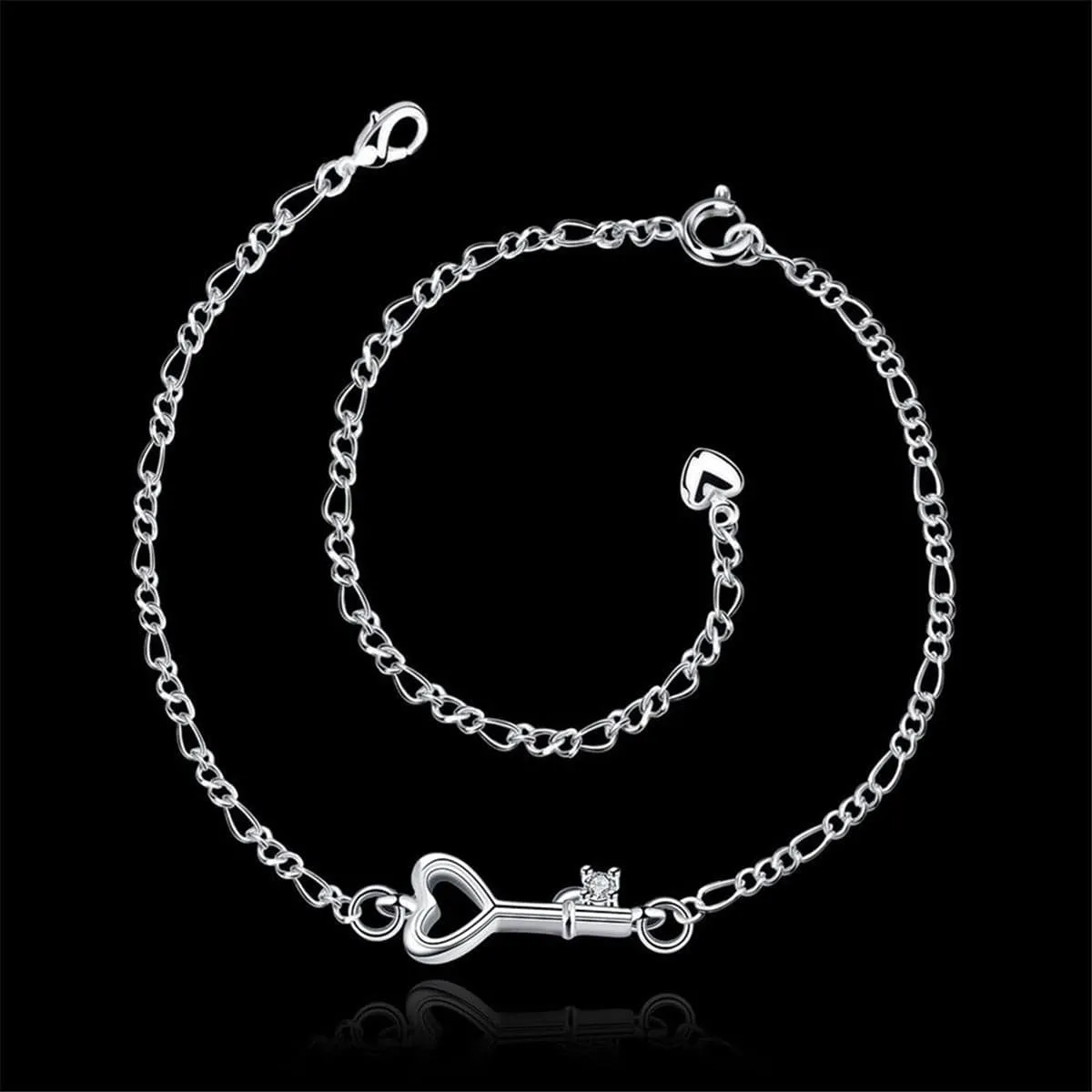 Crystal & Silver-Plated Heart Key Anklet