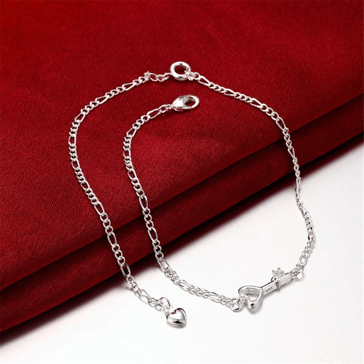 Crystal & Silver-Plated Heart Key Anklet