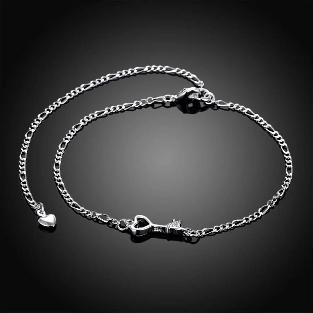Crystal & Silver-Plated Heart Key Anklet