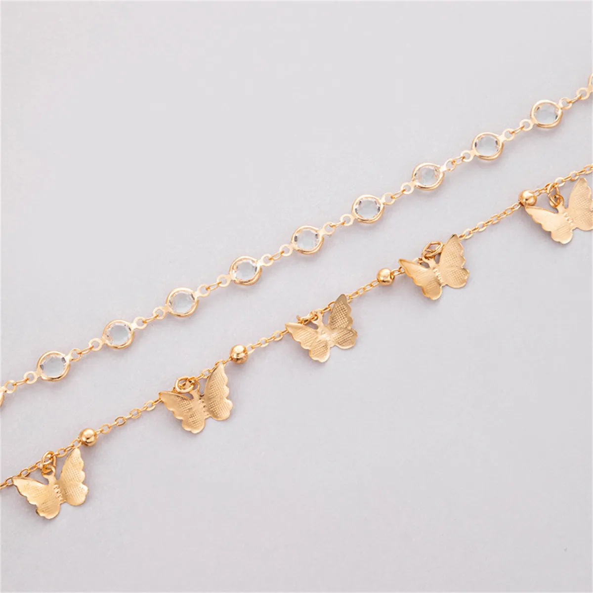 Cubic Zirconia & 18K Gold-Plated Butterfly Tassel Anklet Set