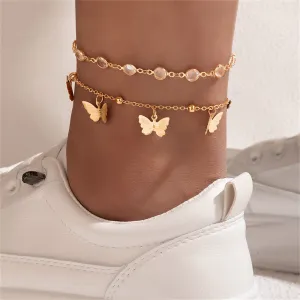 Cubic Zirconia & 18K Gold-Plated Butterfly Tassel Anklet Set
