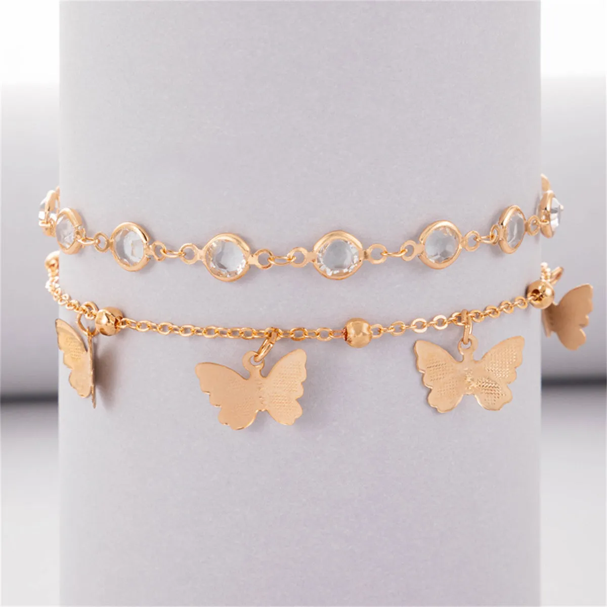 Cubic Zirconia & 18K Gold-Plated Butterfly Tassel Anklet Set