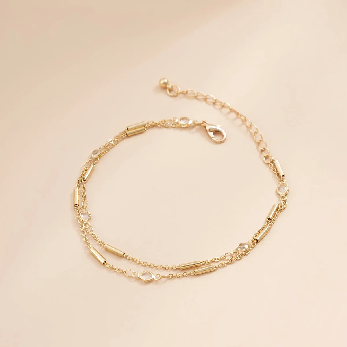 Cubic Zirconia & 18K Gold-Plated Tube Layered Anklet