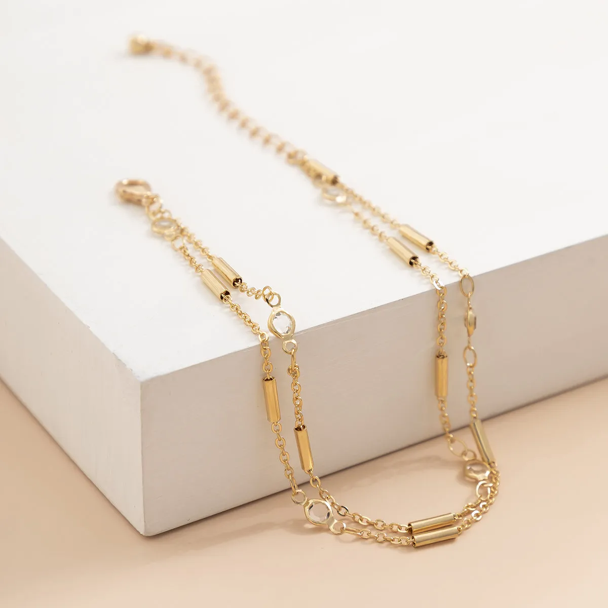 Cubic Zirconia & 18K Gold-Plated Tube Layered Anklet