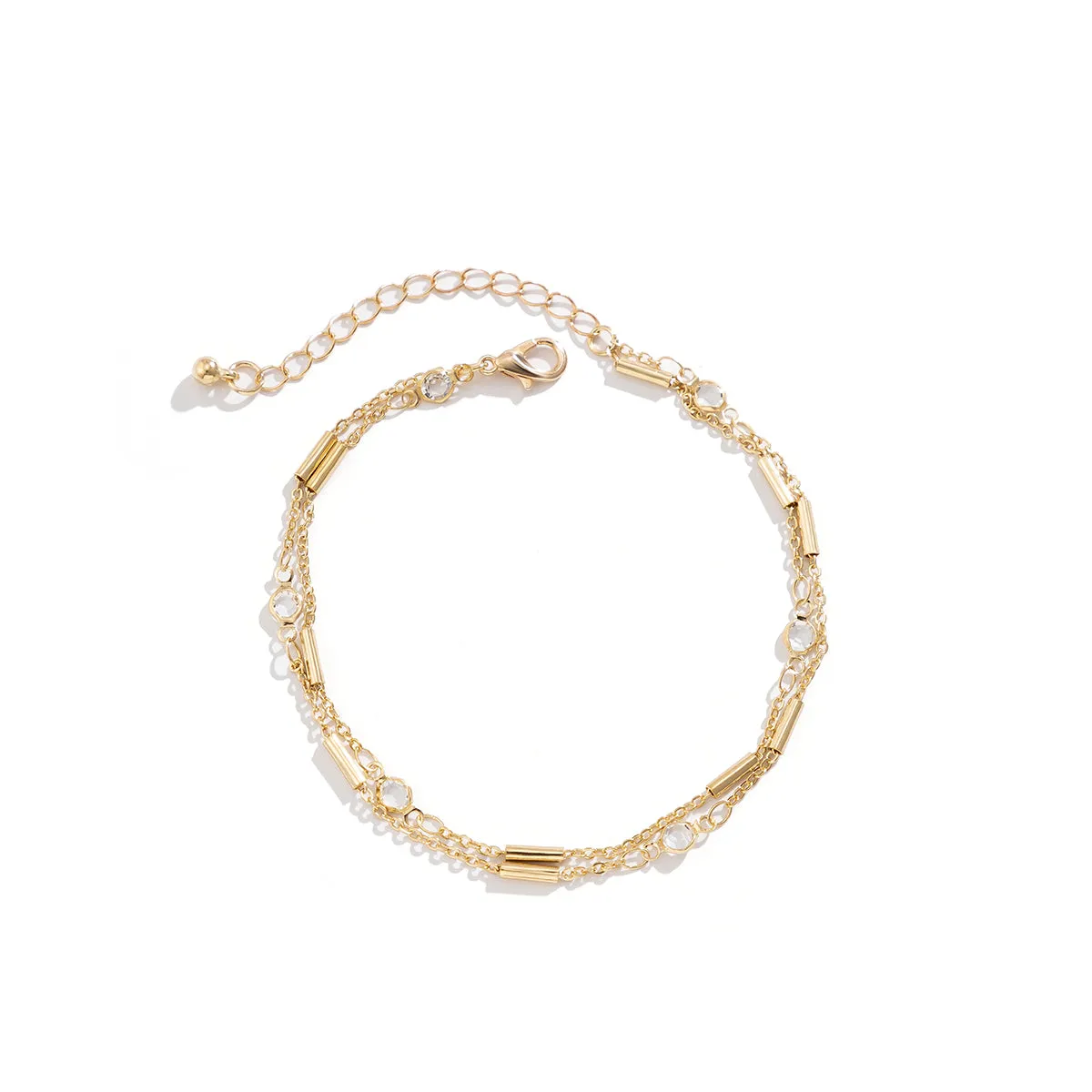 Cubic Zirconia & 18K Gold-Plated Tube Layered Anklet