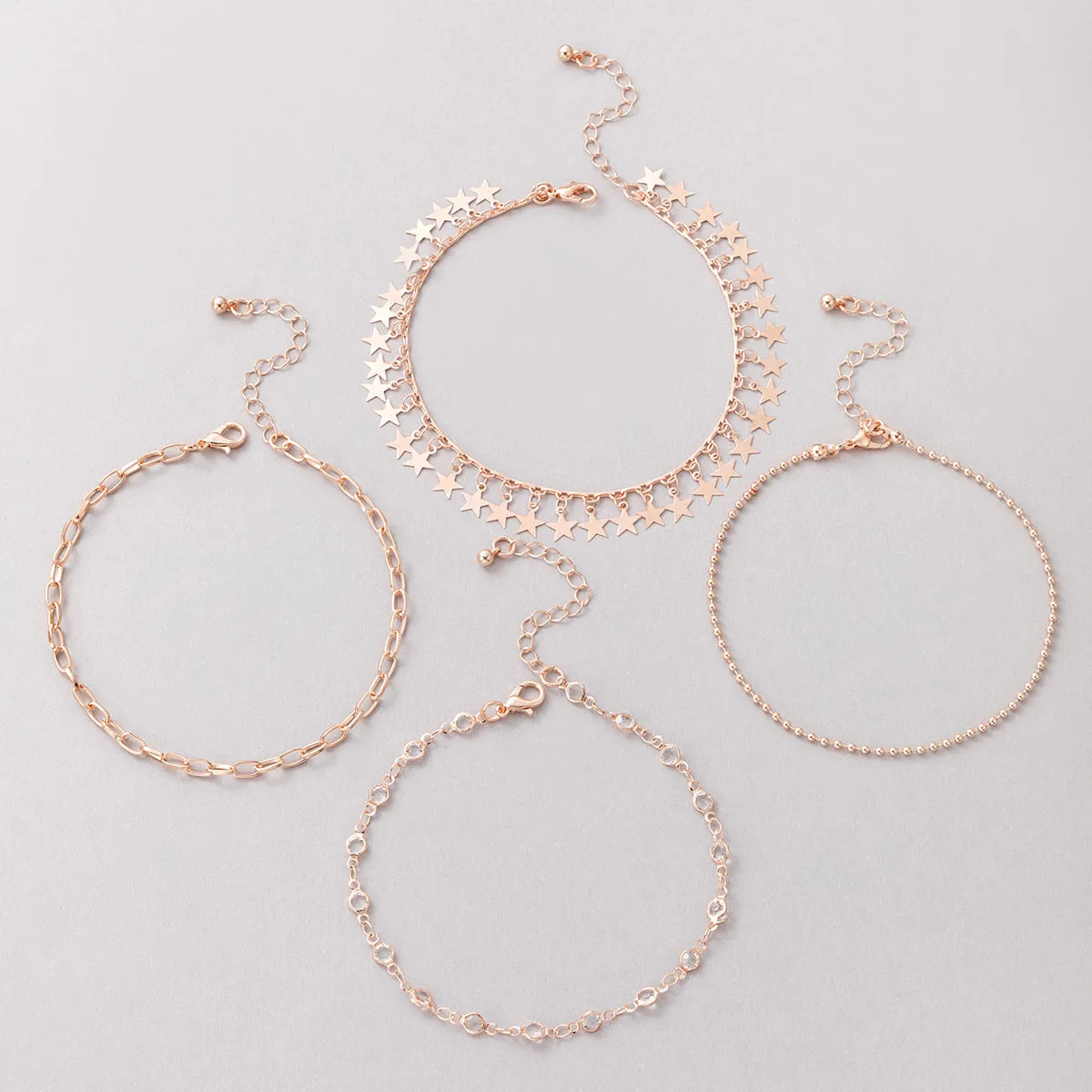Cubic Zirconia & 18K Rose Gold-Plated Bead & Star Station Anklet Set