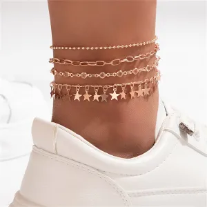 Cubic Zirconia & 18K Rose Gold-Plated Bead & Star Station Anklet Set