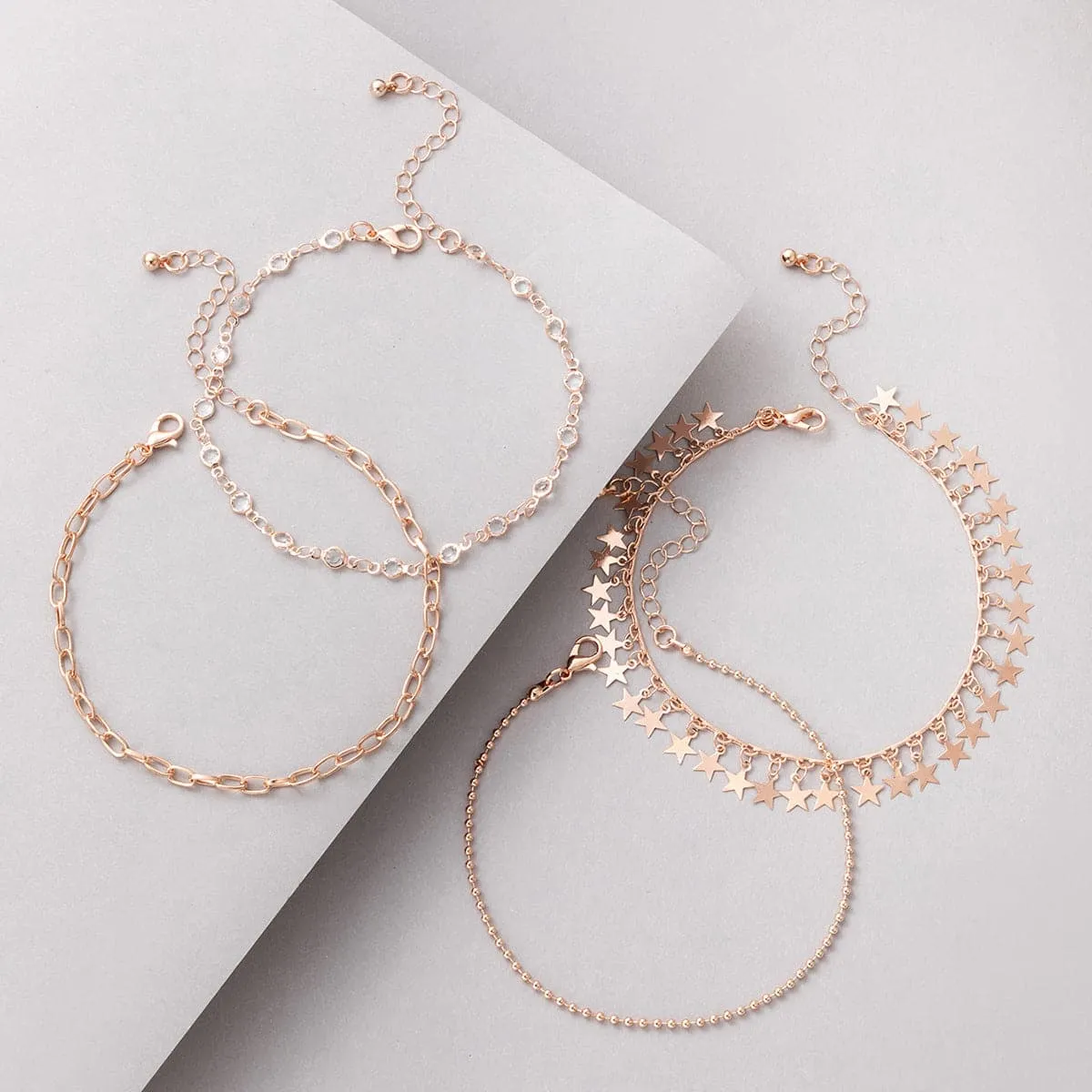 Cubic Zirconia & 18K Rose Gold-Plated Bead & Star Station Anklet Set