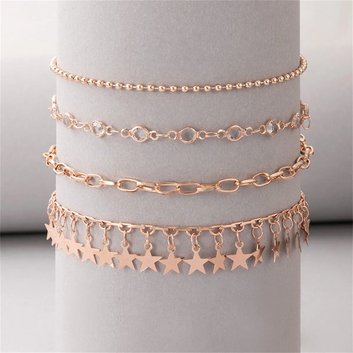 Cubic Zirconia & 18K Rose Gold-Plated Bead & Star Station Anklet Set