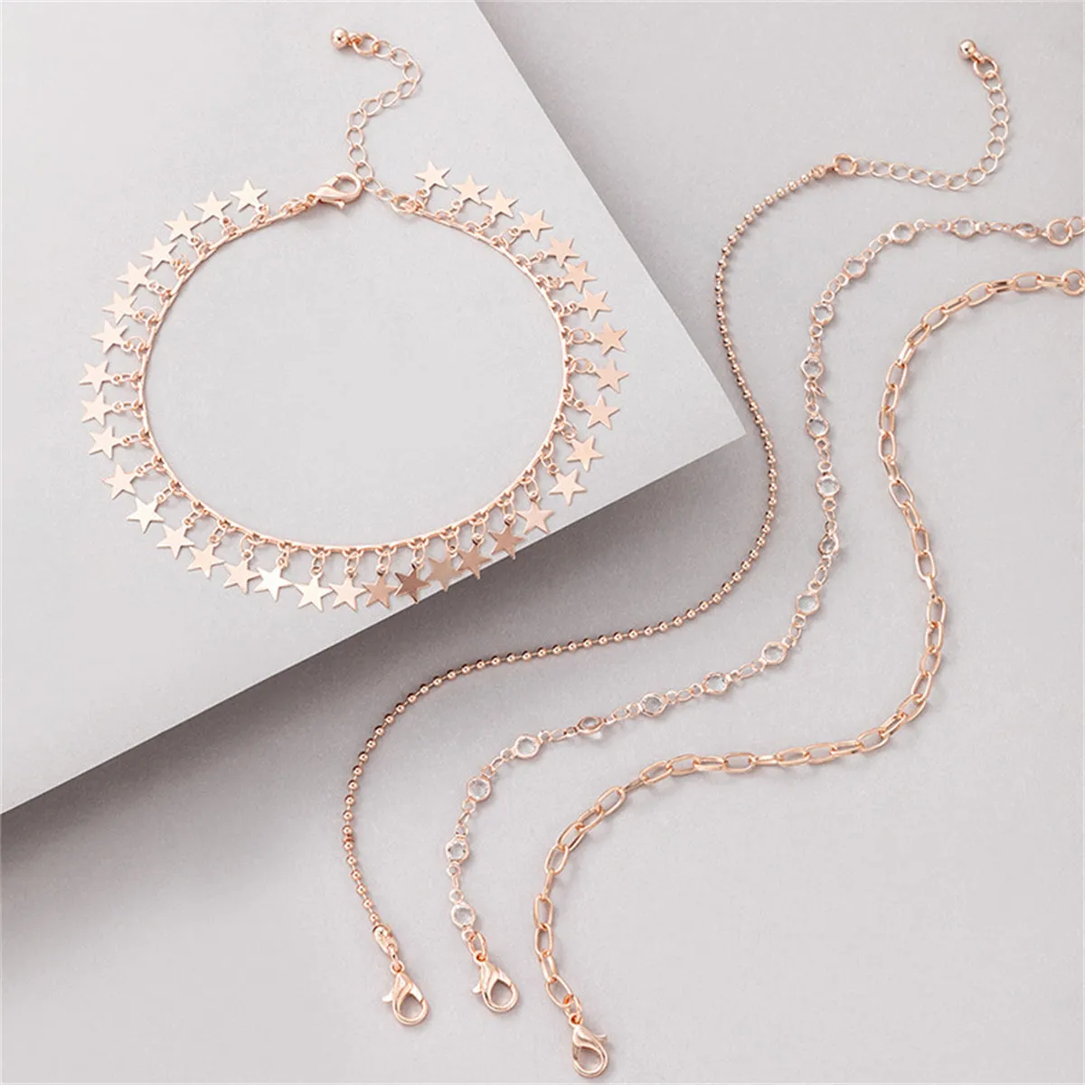 Cubic Zirconia & 18K Rose Gold-Plated Bead & Star Station Anklet Set